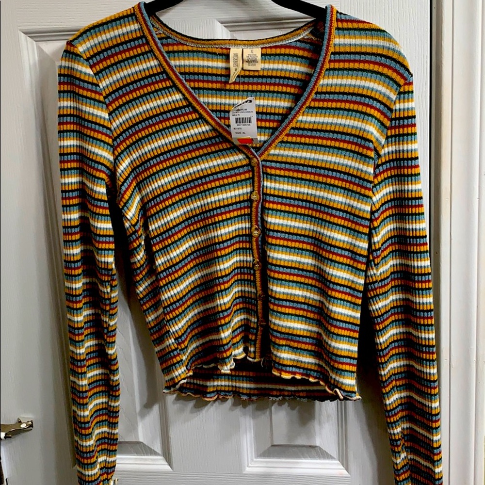 Striped Button Up Crop Top with Scalloped Sleeves